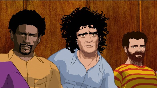 An animated shot of defendants
Bobby Seale, Abbie Hoffman & Jerry Rubin (left to right)
Photo: Roadside Attractions