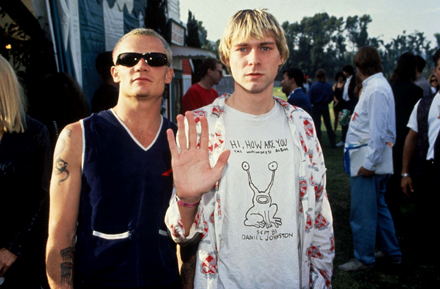 Flea (L) from Red Hot Chili Peppers &
Nirvana's Kurt Cobain, wearing a T-shirt with a Daniel Johnston design
Photo: Kevin Mazur/London Features