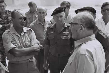 General Moshe Dayan (left),
General Hayim Bar-Lev, and
Israeli Prime Minister Levi Eshkol, June 1967
Photo: Ilan Bruner, Israel Government Press Office